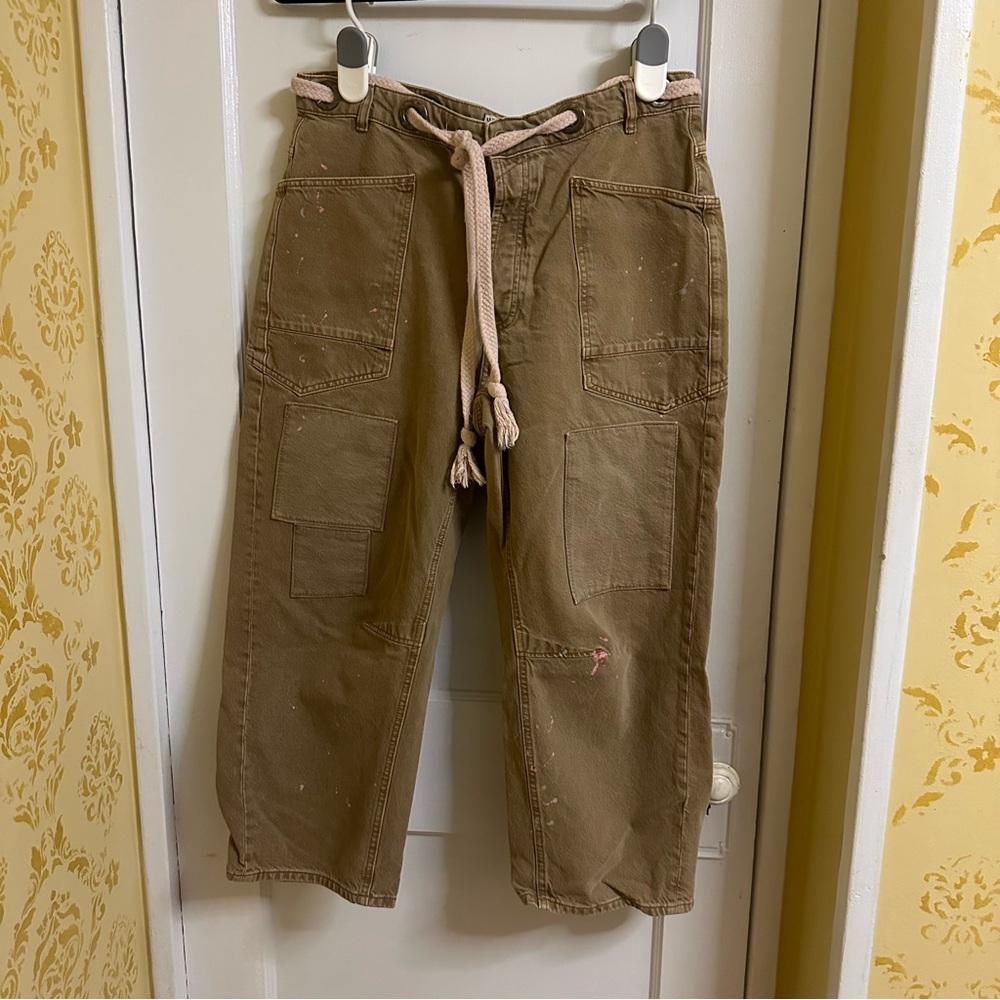 Free People Brown Cropped Pants with Pink Belt
